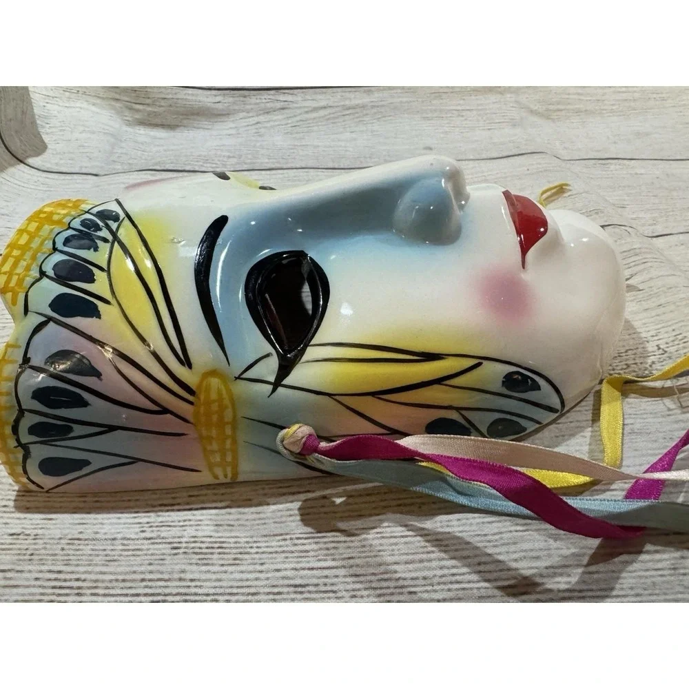 Vintage Hand Painted Ceramic Porcelain Wall Mask Butterfly Yellow Blue Pink Red